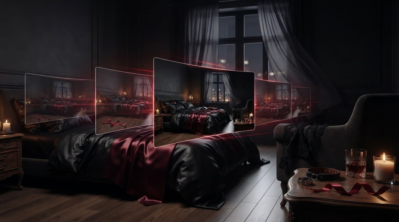 Dark bedroom with layered cinematic frames showing a continuous scene
